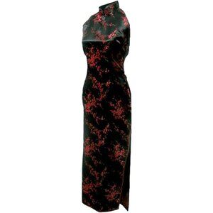 Women's Satin Chinese Dress Halter Backless Floral Long Prom Party Gown